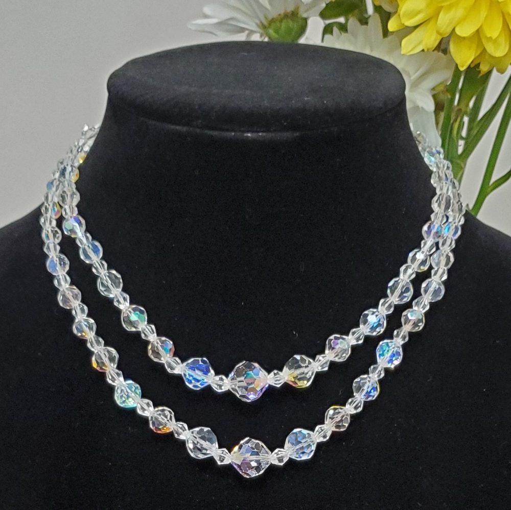 Vintage Aurora Borealis AB Faceted Crystal Two (2) Strand Necklace